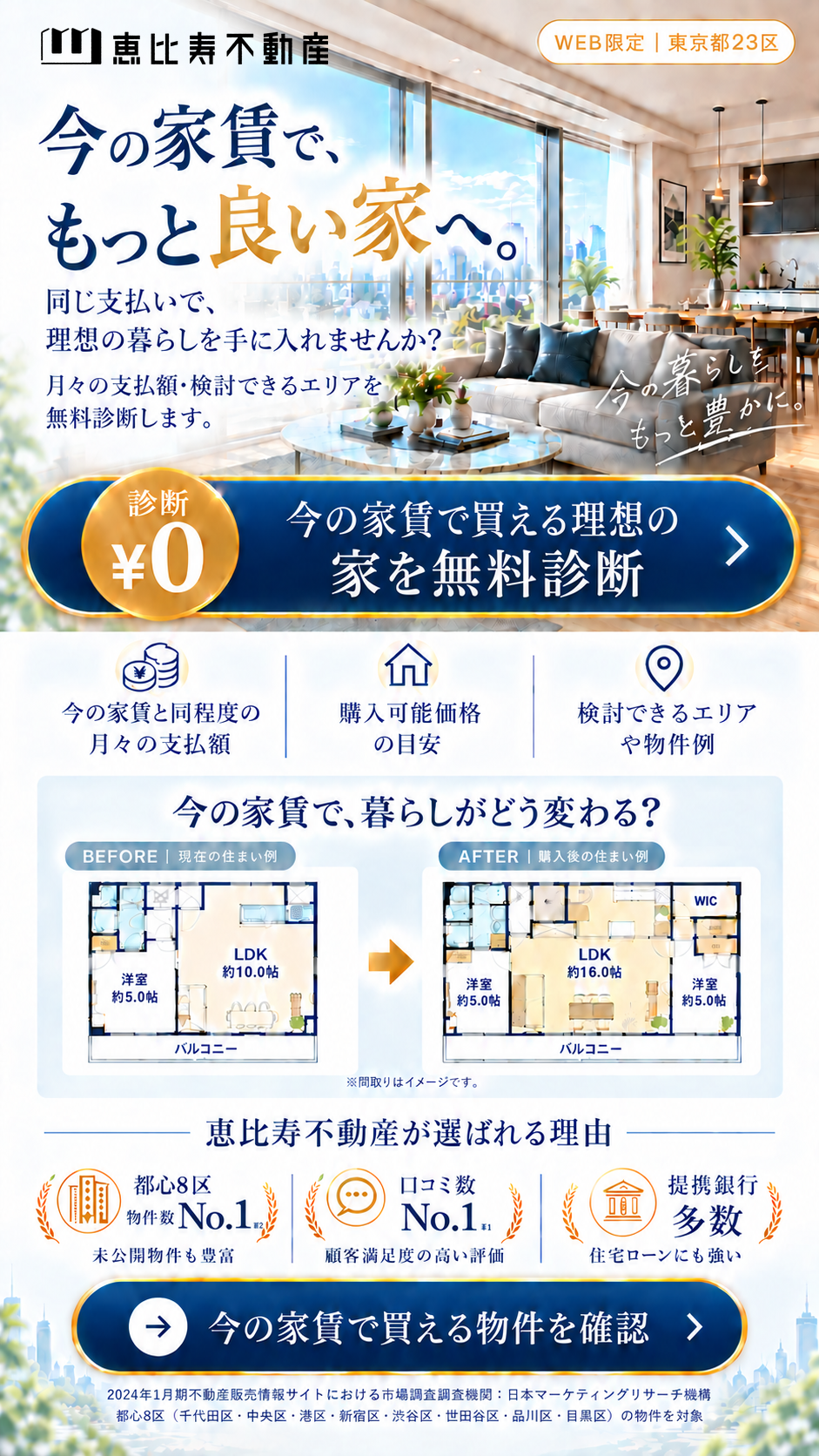 恵比寿不動産。今の家賃で、もっと良い家へ。今の家賃で買える理想の家を無料診断